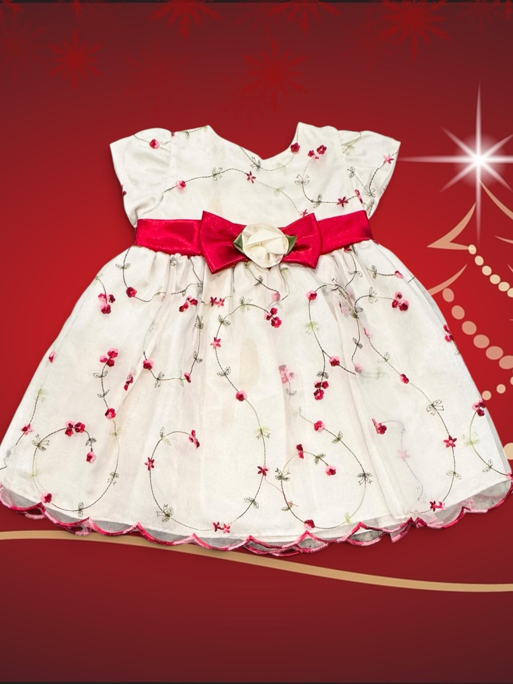 Youngland Baby Girl 18M Floral Embroidered Scalloped Hem Special Occasion Dress